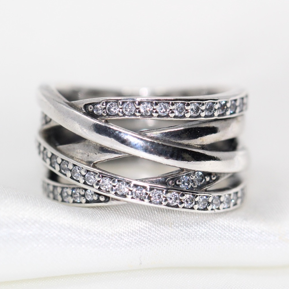 PANDORA Sterling Silver Sparkling & Polished Lines Ring - size 4